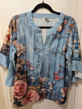 Light Blue Floral V-Neck Wide Ruffle Sleeves Women's Large Blouse